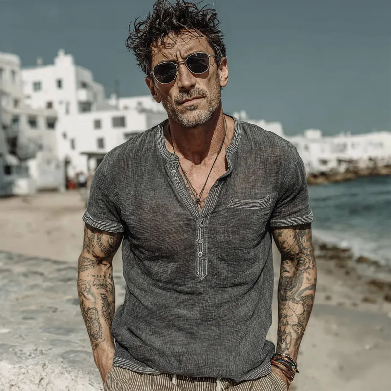 Men's Cotton And Linen Round Neck Pullover Short Sleeve Shirt MTA2704F9X sold by Manly product image thumbnail 4