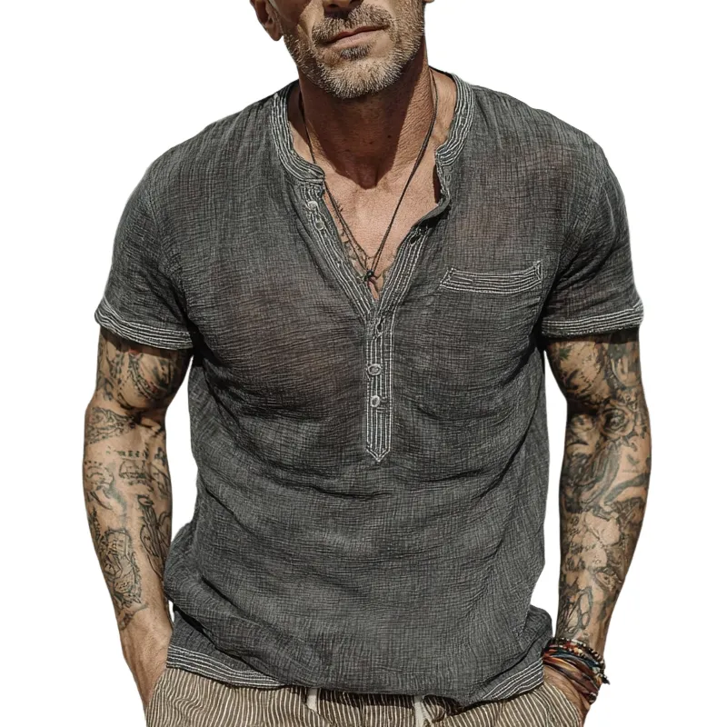 Men's Cotton And Linen Round Neck Pullover Short Sleeve Shirt MTA2704F9X sold by Manly