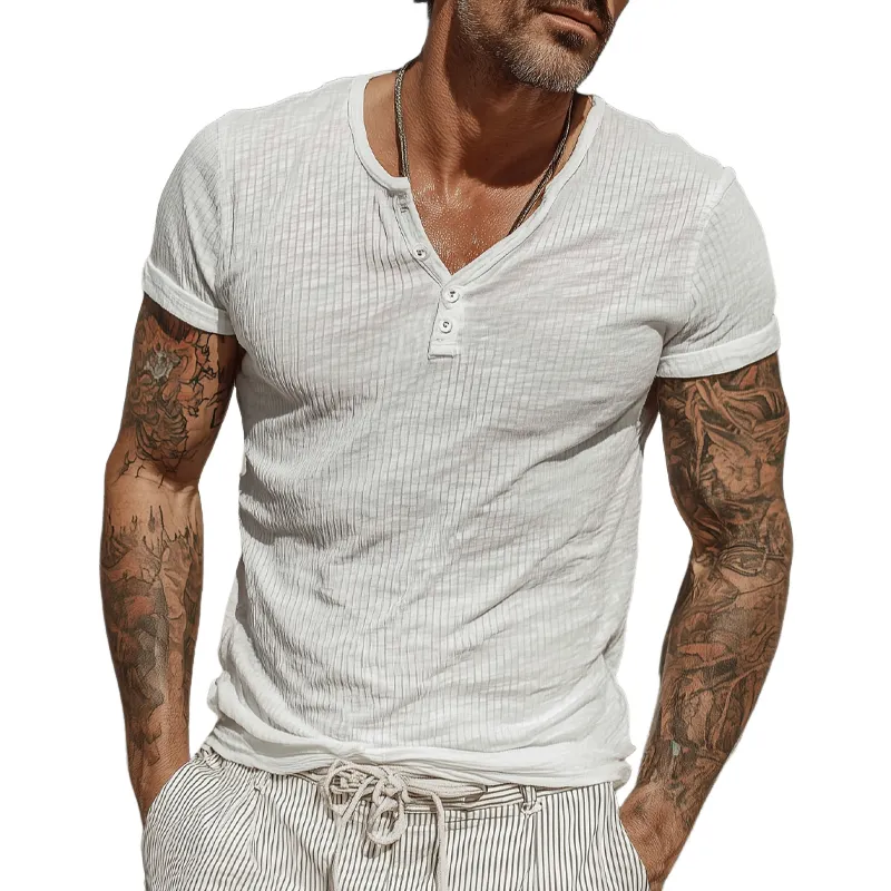 Men's Solid Color Knitted Striped Textured Henley Collar Short-Sleeved T-Shirt MTA2772F5X sold by Manly