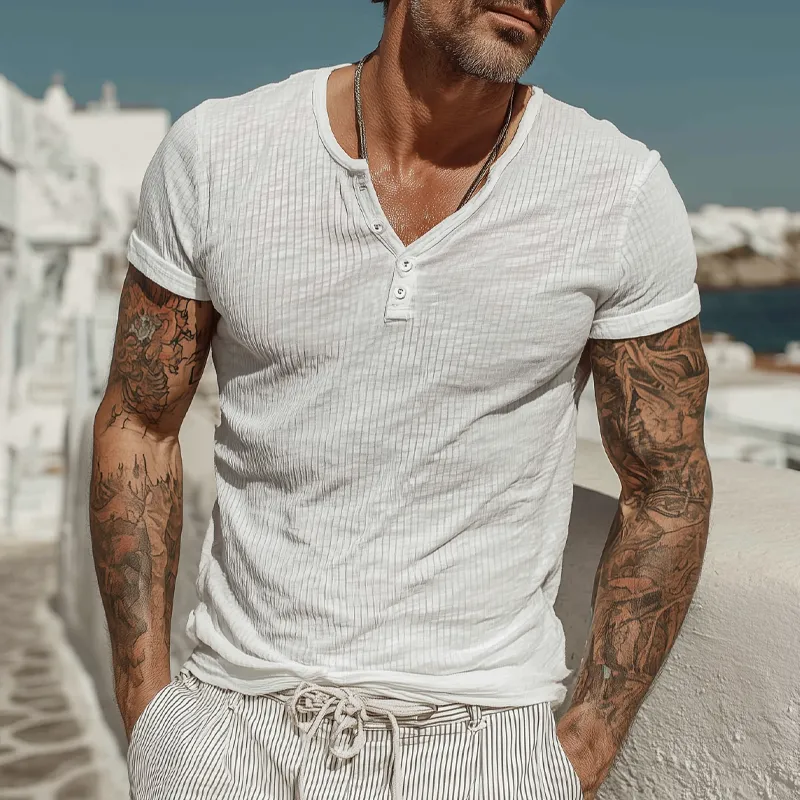 Men's Solid Color Knitted Striped Textured Henley Collar Short-Sleeved T-Shirt MTA2772F5X sold by Manly product image thumbnail 2