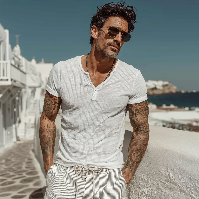 Men's Solid Color Knitted Striped Textured Henley Collar Short-Sleeved T-Shirt MTA2772F5X sold by Manly product image thumbnail 3