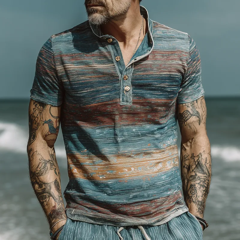 Men's Stripe Print Lapel Short Sleeve T-Shirt MTA2714F0X sold by Manly product image thumbnail 3