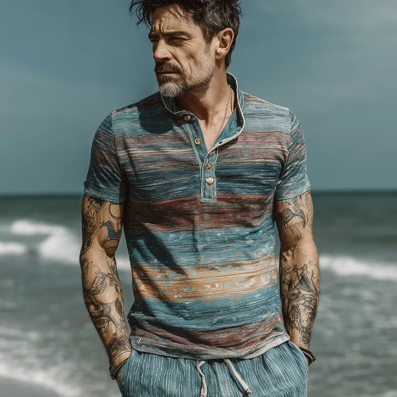 Men's Stripe Print Lapel Short Sleeve T-Shirt MTA2714F0X sold by Manly product image thumbnail 2