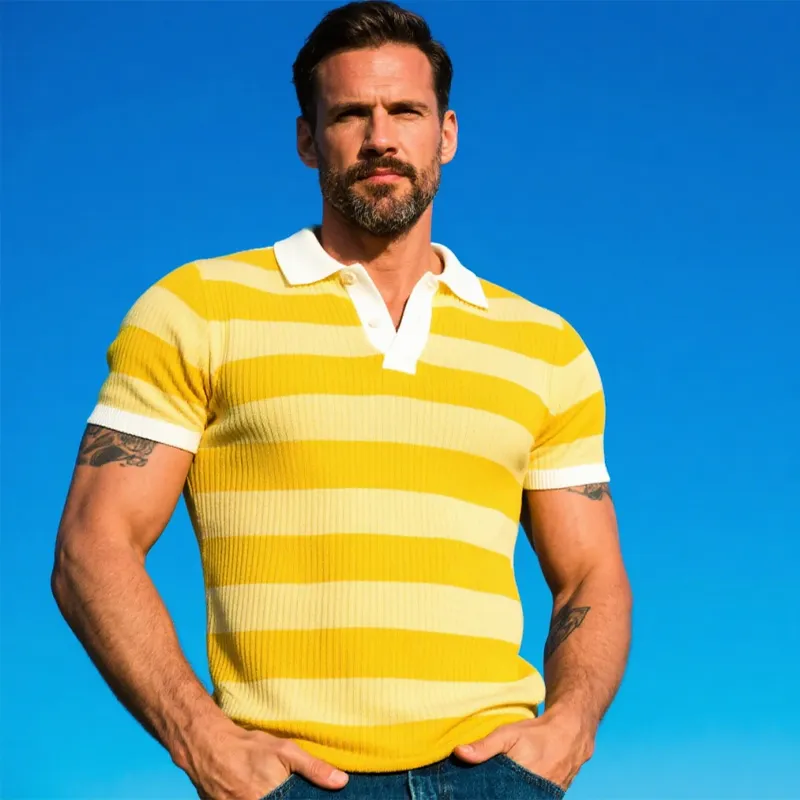 Men's Striped Knitted Short Sleeve POLO Shirt MTA2769F6X sold by Manly product image thumbnail 3