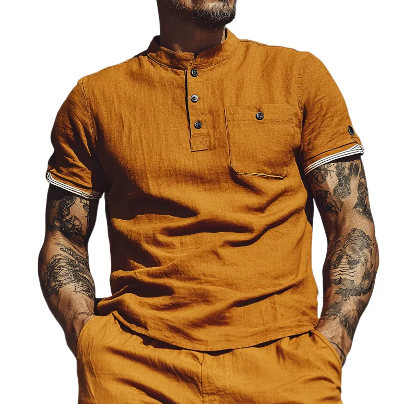 Men's Cotton And Linen Stand Collar Contrast Color Short Sleeve Shirt MTA2760F7X sold by Manly