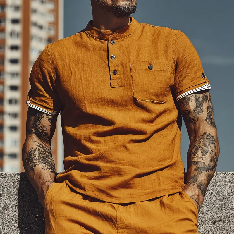 Men's Cotton And Linen Stand Collar Contrast Color Short Sleeve Shirt MTA2760F7X sold by Manly product image thumbnail 2