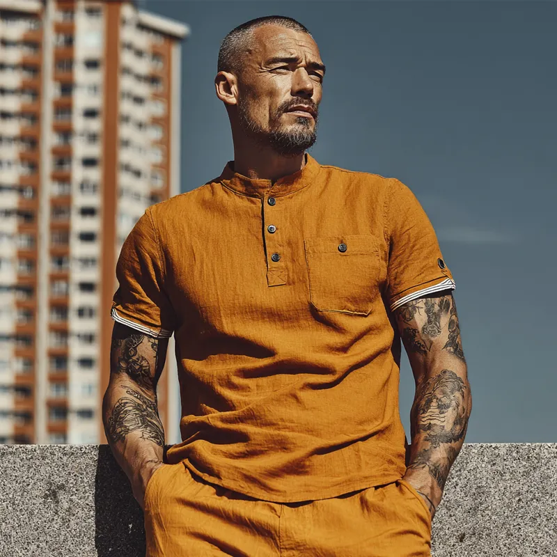 Men's Cotton And Linen Stand Collar Contrast Color Short Sleeve Shirt MTA2760F7X sold by Manly product image thumbnail 4