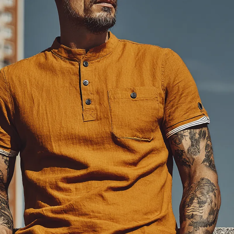 Men's Cotton And Linen Stand Collar Contrast Color Short Sleeve Shirt MTA2760F7X sold by Manly product image thumbnail 3