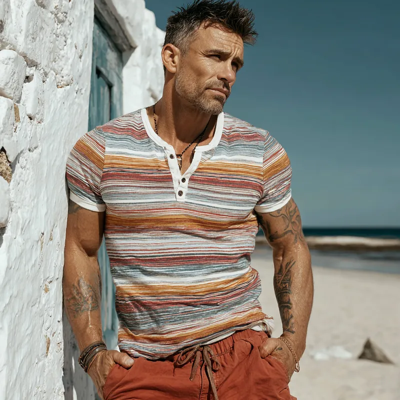 Men's Stripe Print Short Sleeve Henley Neck T-Shirt MTA2764F5X sold by Manly product image thumbnail 4