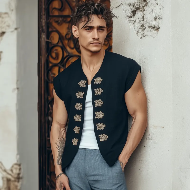 Men's Vintage Embroidered Cotton Blended Collarless Loose Short Sleeve Shirt Cardigan MTA2764F3M sold by Manly product image thumbnail 3