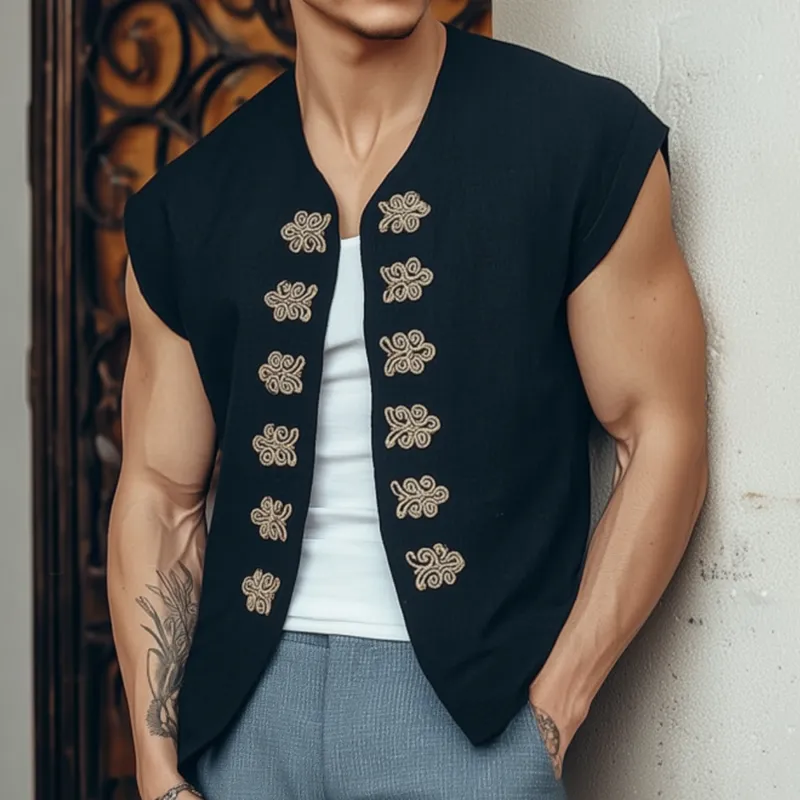 Men's Vintage Embroidered Cotton Blended Collarless Loose Short Sleeve Shirt Cardigan MTA2764F3M sold by Manly product image thumbnail 2