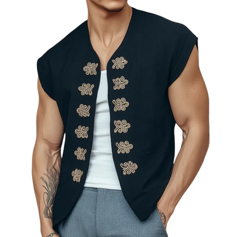 Men's Vintage Embroidered Cotton Blended Collarless Loose Short Sleeve Shirt Cardigan MTA2764F3M sold by Manly