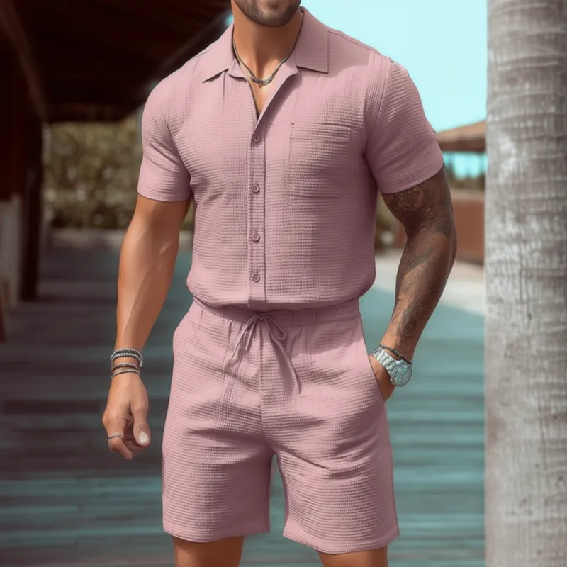 Men's Casual Waffle Lapel Patch Pocket Slim Fit Short Sleeve Shirt Elastic Waist Shorts Holiday Set MTA2562F6M sold by Manly product image thumbnail 2