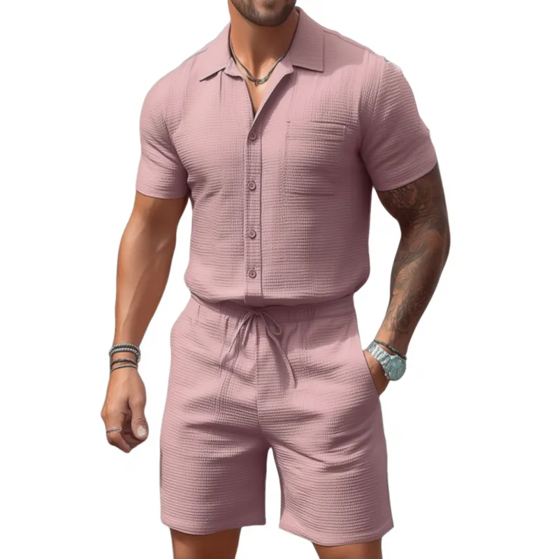 Men's Casual Waffle Lapel Patch Pocket Slim Fit Short Sleeve Shirt Elastic Waist Shorts Holiday Set MTA2562F6M sold by Manly