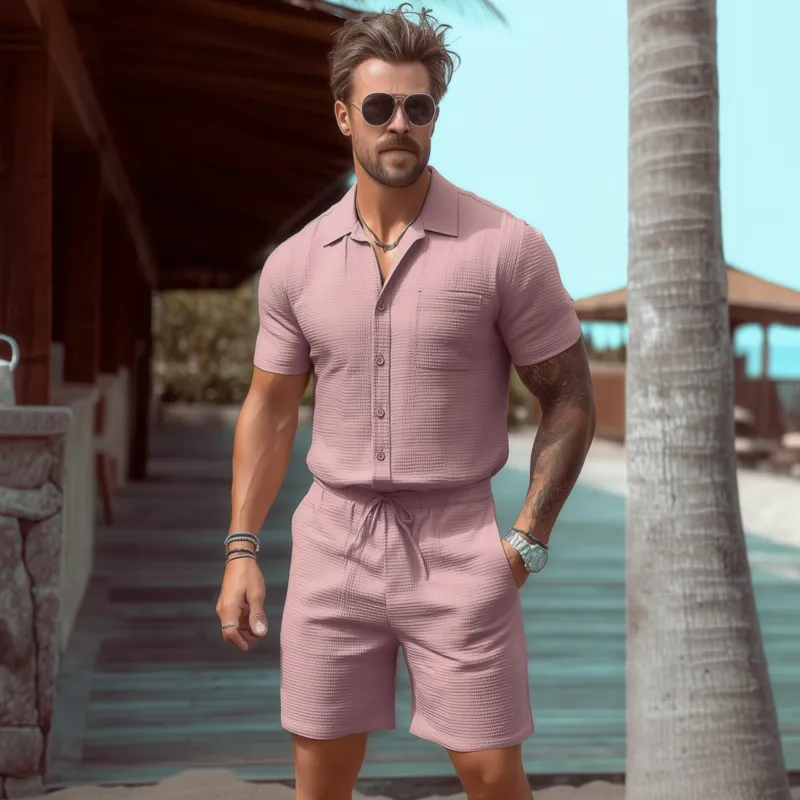 Men's Casual Waffle Lapel Patch Pocket Slim Fit Short Sleeve Shirt Elastic Waist Shorts Holiday Set MTA2562F6M sold by Manly product image thumbnail 3