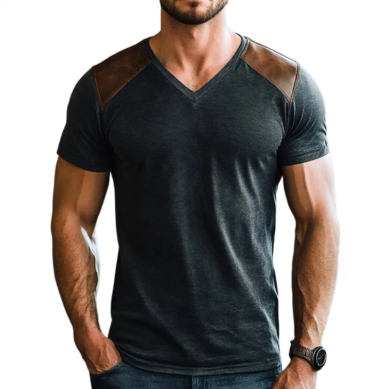 Men's Vintage Breathable Cotton PU Splicing V-neck Slim Short Sleeve T-shirt MTA2742F5M sold by Manly