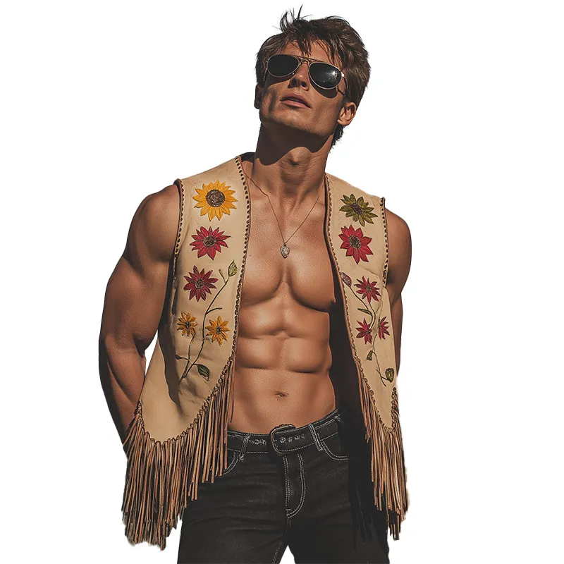 Men's Summer Leather Embroidered Suede Tassel Vest (Lined) MTA2748F5P sold by Manly