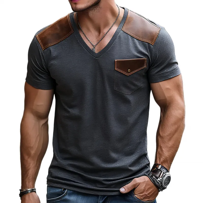 Men's Vintage Cotton PU Patchwork V-Neck Chest Pocket Slim Fit Short Sleeve T-Shirt MTA2701F6M sold by Manly