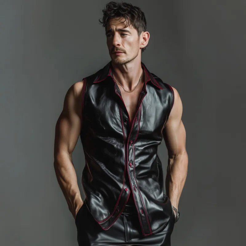 Men's Fashion PU Lapel Single Breasted Slim Fit Sleeveless Shirt MTA2784F9M sold by Manly product image thumbnail 3