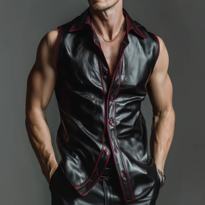 Men's Fashion PU Lapel Single Breasted Slim Fit Sleeveless Shirt MTA2784F9M sold by Manly product image thumbnail 2