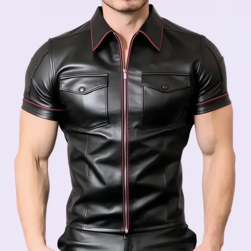 Men's Vintage PU Contrast Color Trim Lapel Chest Pocket Zipper Slim Fit Short Sleeve Shirt MTA2735F6M sold by Manly product image thumbnail 2