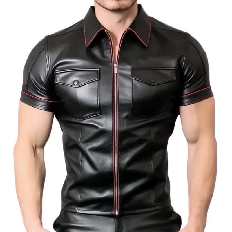 Men's Vintage PU Contrast Color Trim Lapel Chest Pocket Zipper Slim Fit Short Sleeve Shirt MTA2735F6M sold by Manly