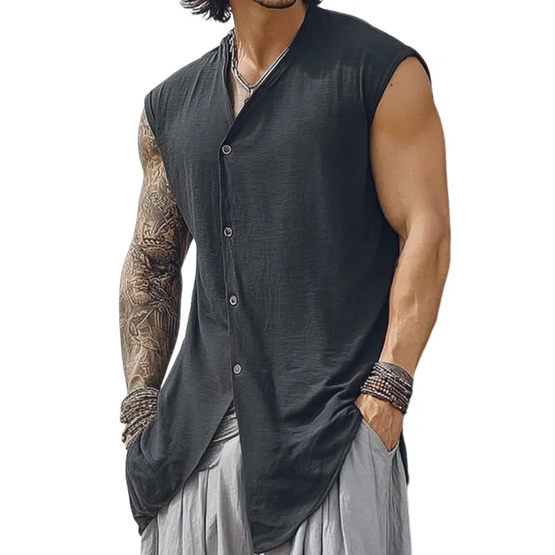 Men's Fashionable Cotton Linen V-neck Slanted Placket Loose Sleeveless Shirt MTA2710F4M sold by Manly