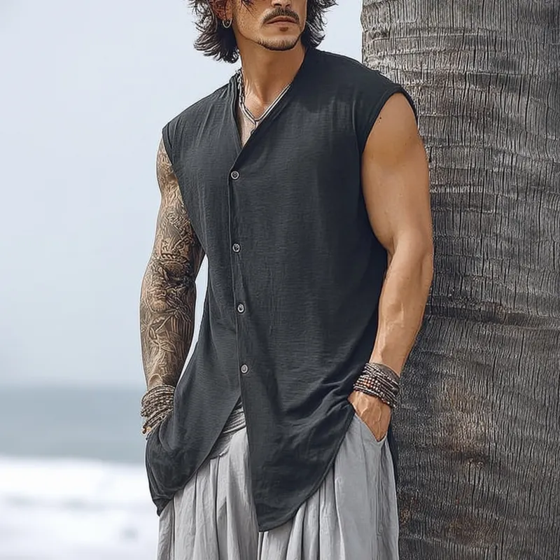 Men's Fashionable Cotton Linen V-neck Slanted Placket Loose Sleeveless Shirt MTA2710F4M sold by Manly product image thumbnail 3