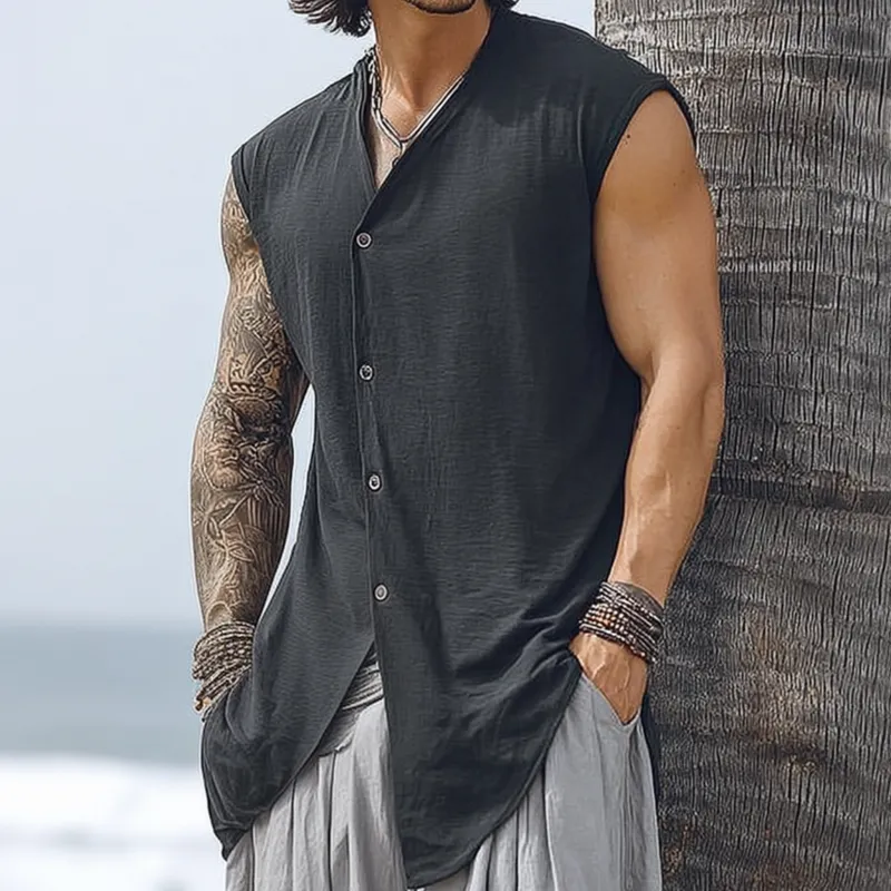 Men's Fashionable Cotton Linen V-neck Slanted Placket Loose Sleeveless Shirt MTA2710F4M sold by Manly product image thumbnail 2