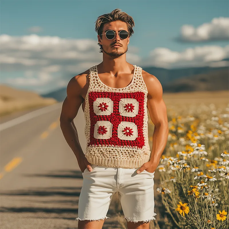 Men's Summer Fashion Casual Hollow Crochet Flower Knitted Tank Top MTA2773F5K sold by Manly product image thumbnail 3