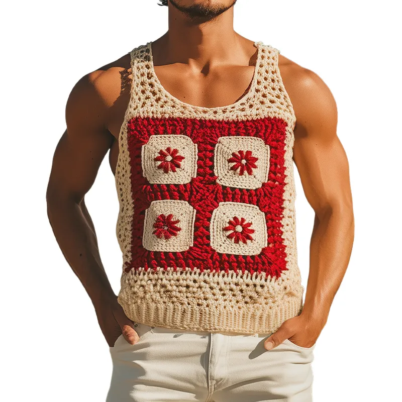 Men's Summer Fashion Casual Hollow Crochet Flower Knitted Tank Top MTA2773F5K sold by Manly