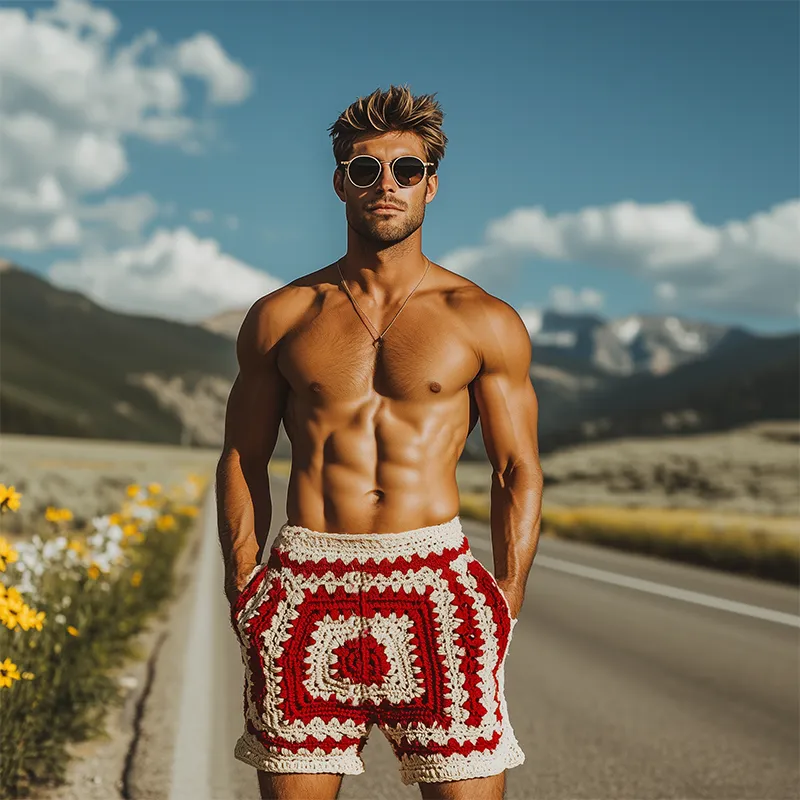 Men's Summer Fashion Casual Hollow Crochet Contrast Knitted Elastic Waist Shorts MTA2787F3K sold by Manly product image thumbnail 3