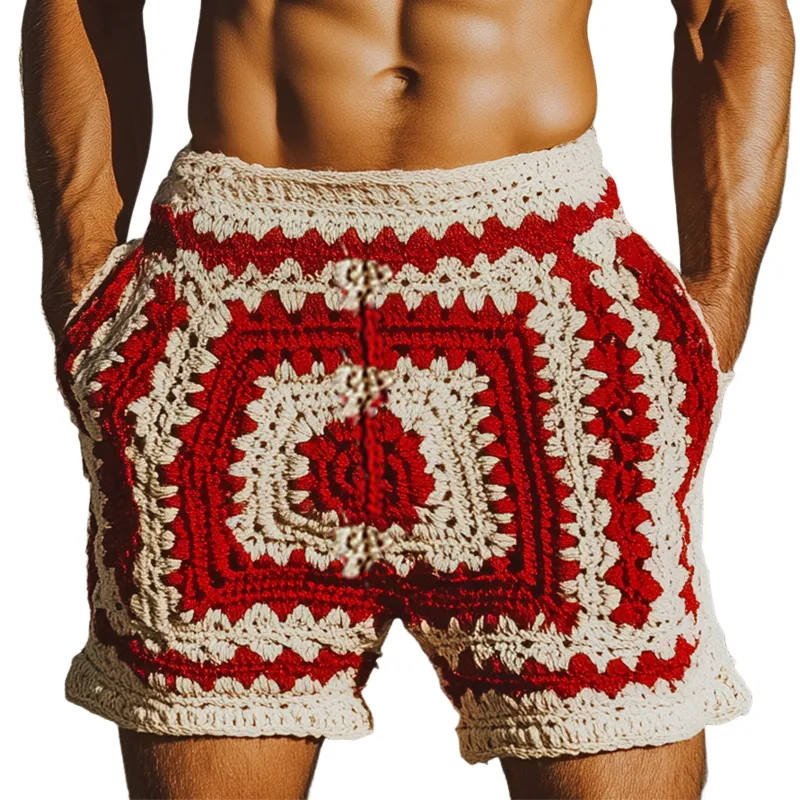 Men's Summer Fashion Casual Hollow Crochet Contrast Knitted Elastic Waist Shorts MTA2787F3K sold by Manly