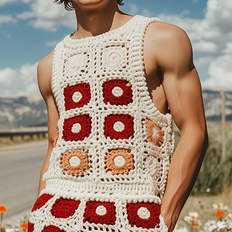 Men's Summer Fashion Casual Hollow Crochet Flower Knitted Vest Elastic Waist Shorts Set MTA2739F5K sold by Manly product image thumbnail 4