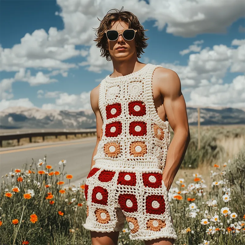 Men's Summer Fashion Casual Hollow Crochet Flower Knitted Vest Elastic Waist Shorts Set MTA2739F5K sold by Manly product image thumbnail 3