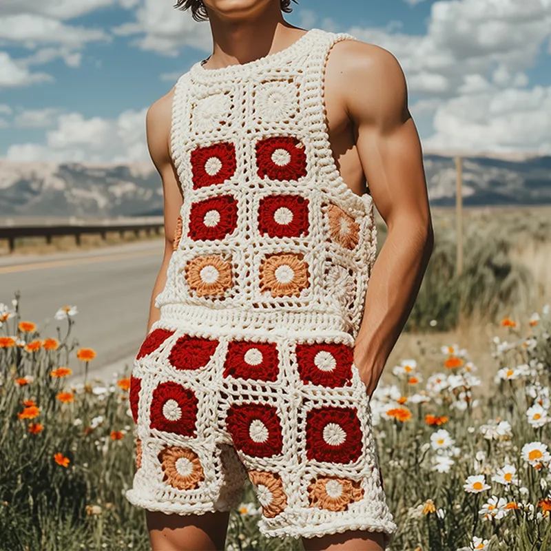 Men's Summer Fashion Casual Hollow Crochet Flower Knitted Vest Elastic Waist Shorts Set MTA2739F5K sold by Manly product image thumbnail 2