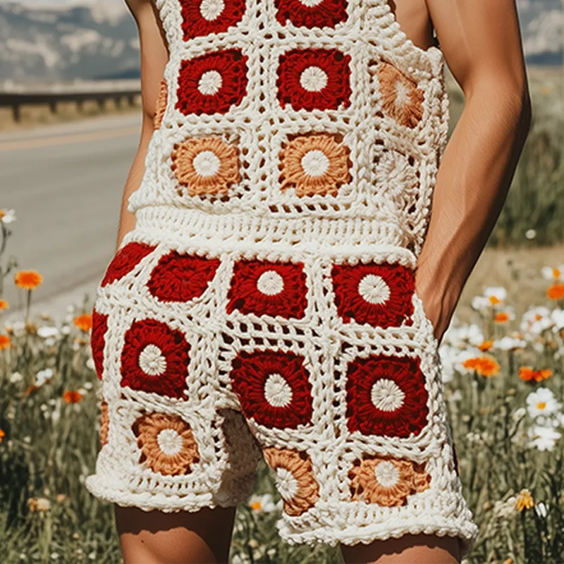 Men's Summer Fashion Casual Hollow Crochet Flower Knitted Vest Elastic Waist Shorts Set MTA2739F5K sold by Manly product image thumbnail 5