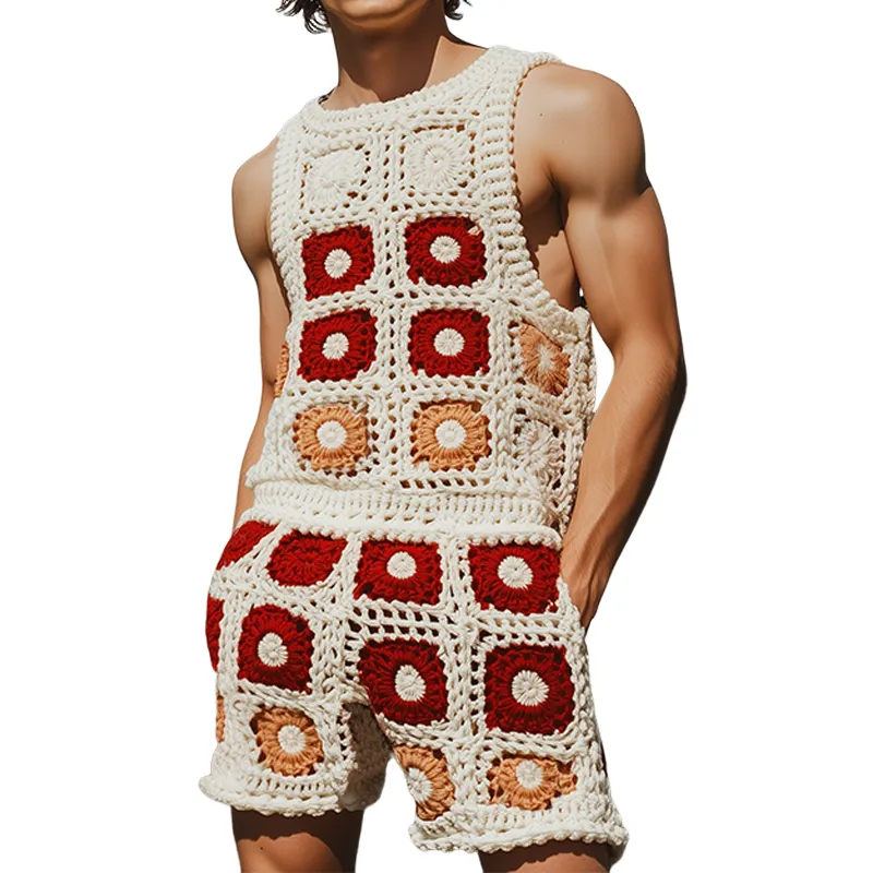 Men's Summer Fashion Casual Hollow Crochet Flower Knitted Vest Elastic Waist Shorts Set MTA2739F5K sold by Manly