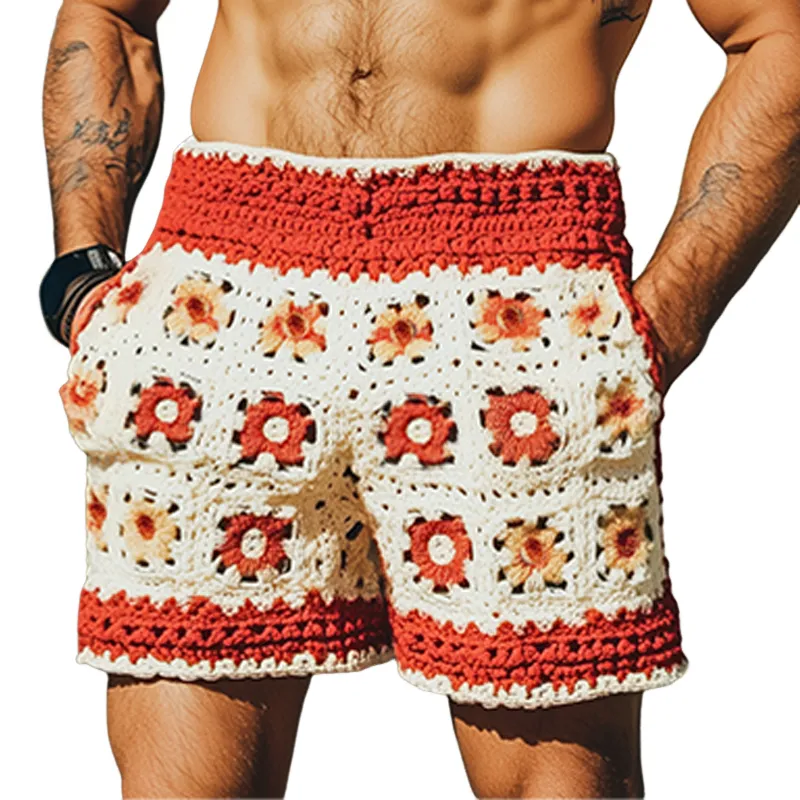 Men's Summer Fashion Casual Hollow Crochet Flower Knitted Elastic Waist Shorts MTA2783F1K sold by Manly