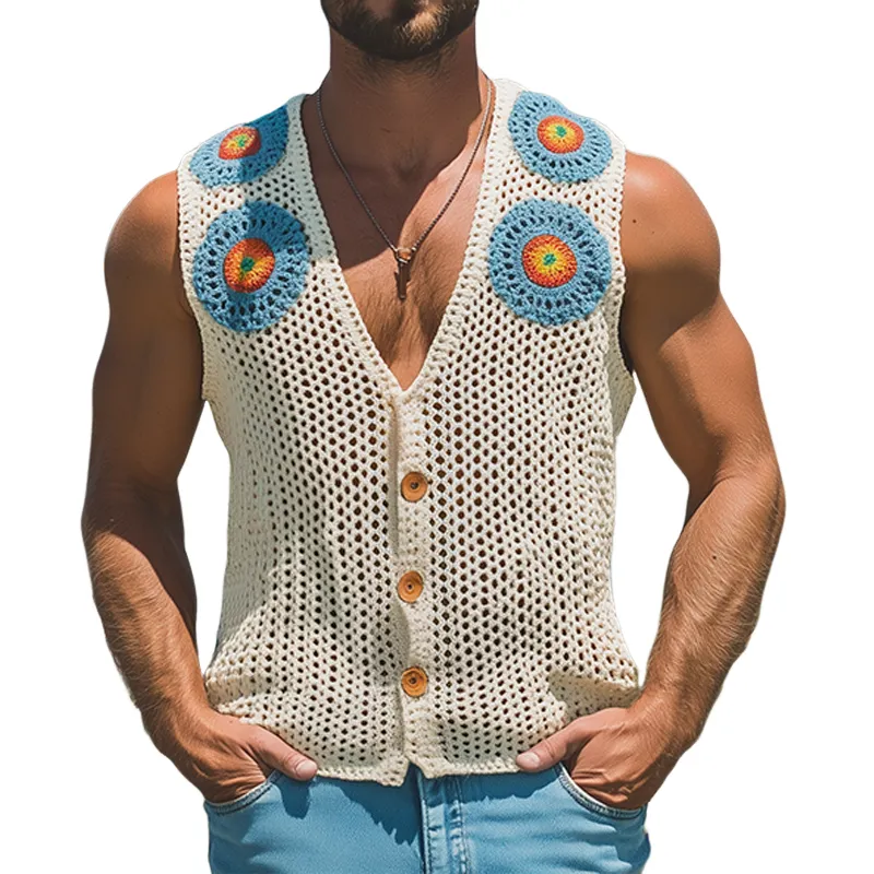Men's Summer Fashion Casual Hollow Crochet Flower Knitted Vest MTA2726F7K sold by Manly