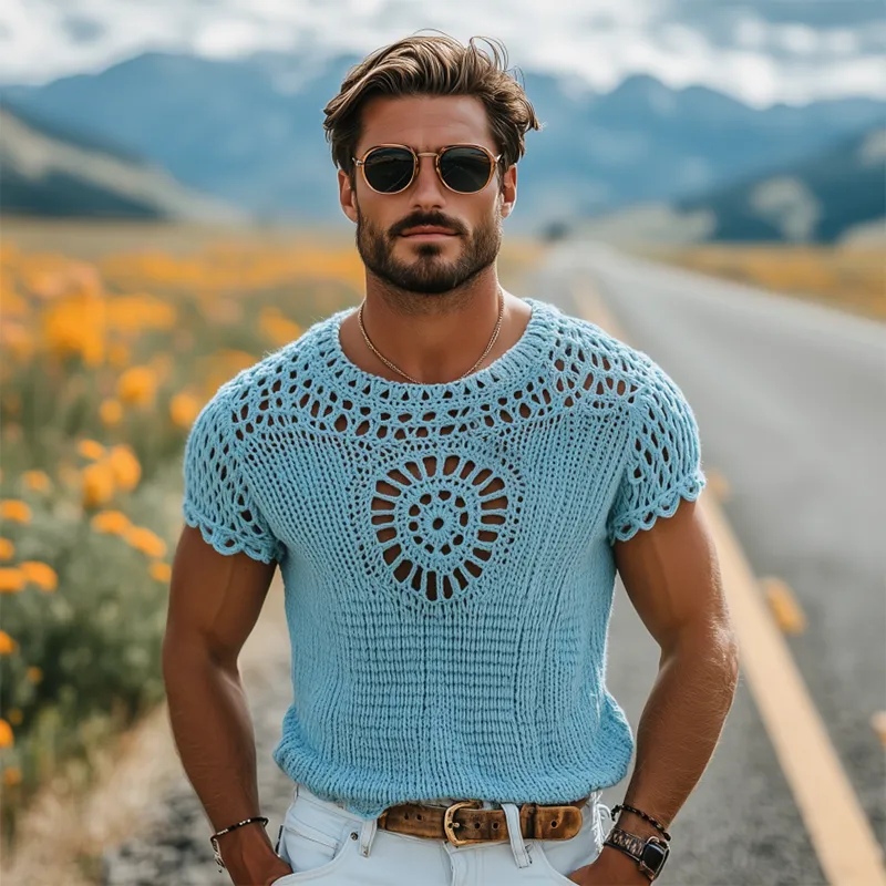 Men's Summer Fashion Casual Hollow Crochet Round Neck Knitted Short Sleeve T-shirt MTA2791F1K sold by Manly product image thumbnail 3