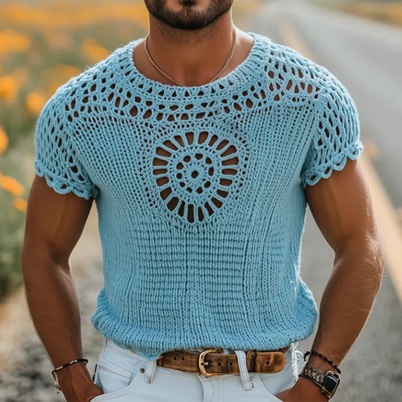 Men's Summer Fashion Casual Hollow Crochet Round Neck Knitted Short Sleeve T-shirt MTA2791F1K sold by Manly product image thumbnail 2