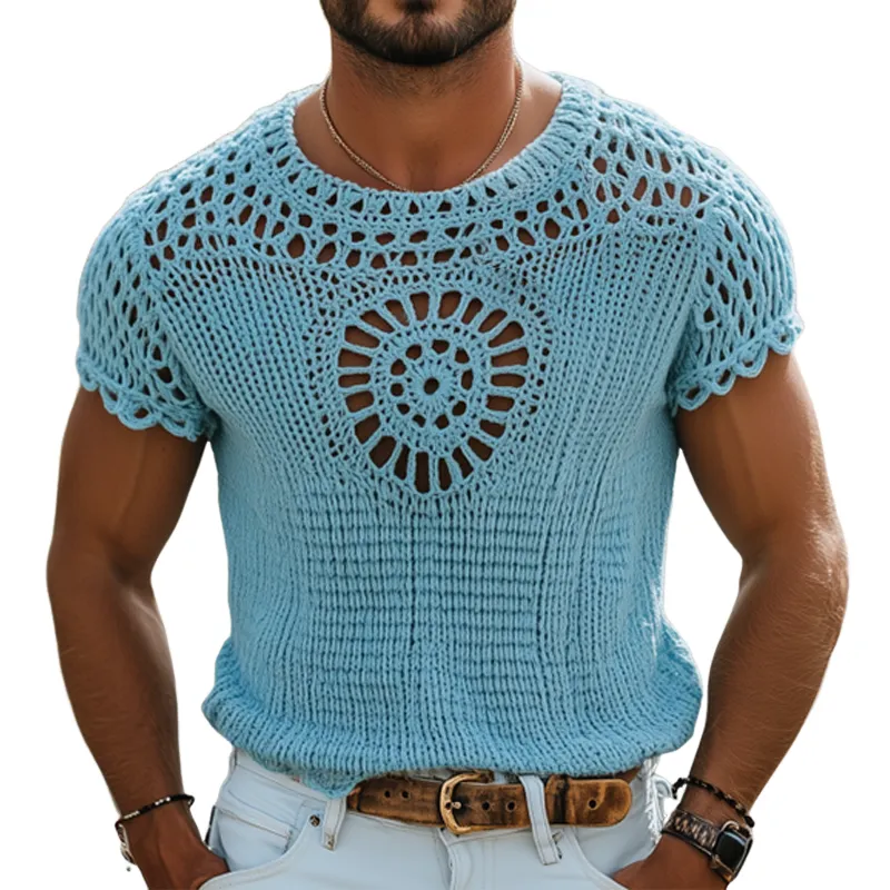 Men's Summer Fashion Casual Hollow Crochet Round Neck Knitted Short Sleeve T-shirt MTA2791F1K sold by Manly