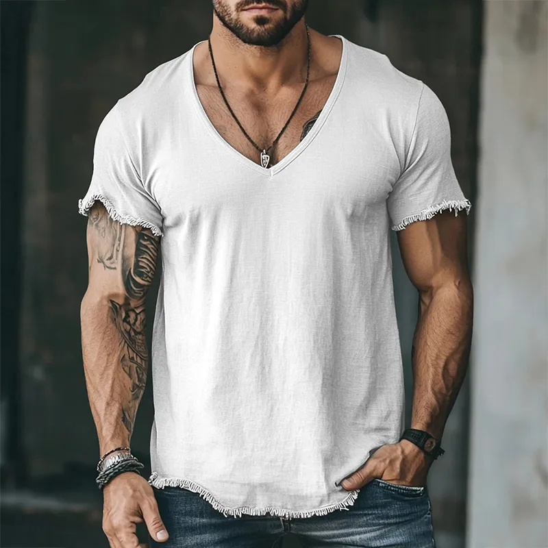 Men's Retro Casual Solid Color Linen Raw Edge V-Neck Short Sleeve T-Shirt MTA2561F2TO sold by Manly product image thumbnail 2