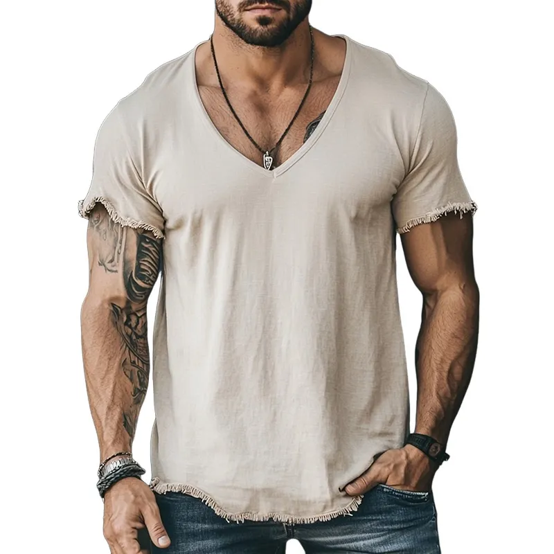 Men's Retro Casual Solid Color Linen Raw Edge V-Neck Short Sleeve T-Shirt MTA2561F2TO sold by Manly