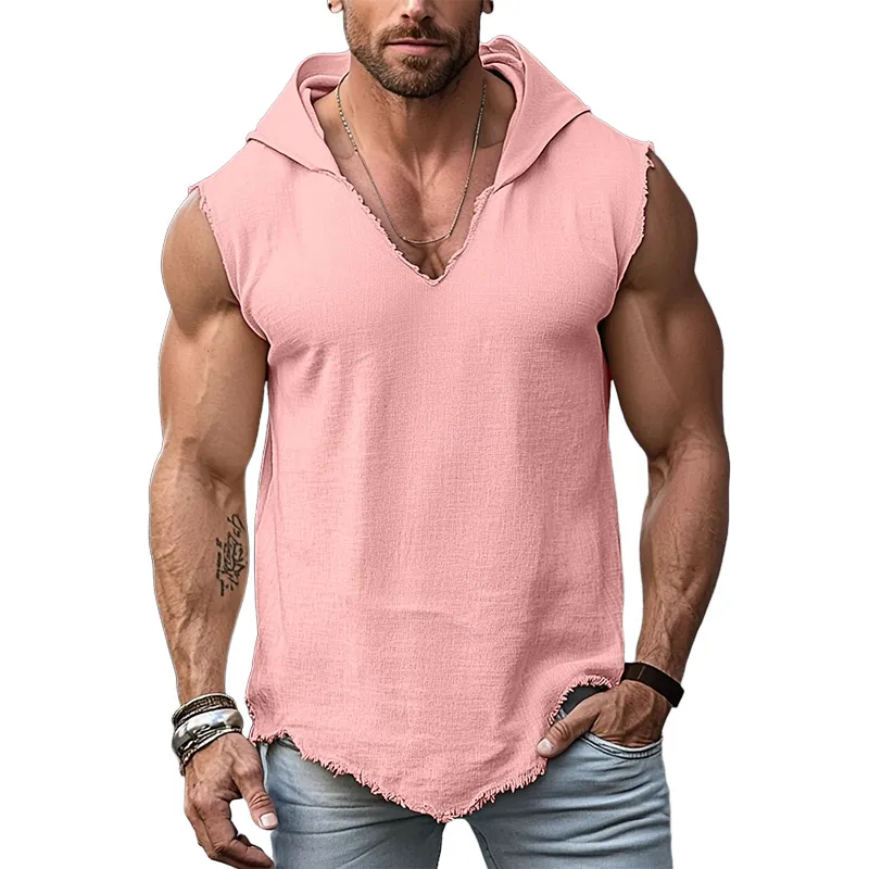 Men's Retro Casual Solid Color Linen Raw Edge Hooded Tank Top MTA2534F3TO sold by Manly