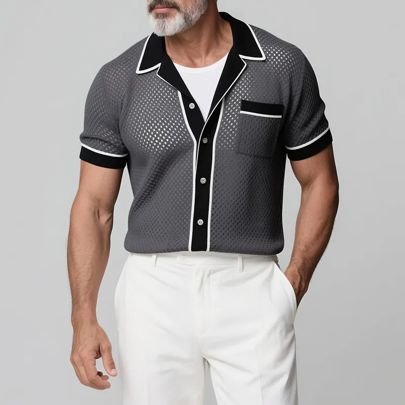 Men's Retro Casual Knitted Colorblock Lapel Short Sleeve Shirt MTA2743F2TO sold by Manly product image thumbnail 3