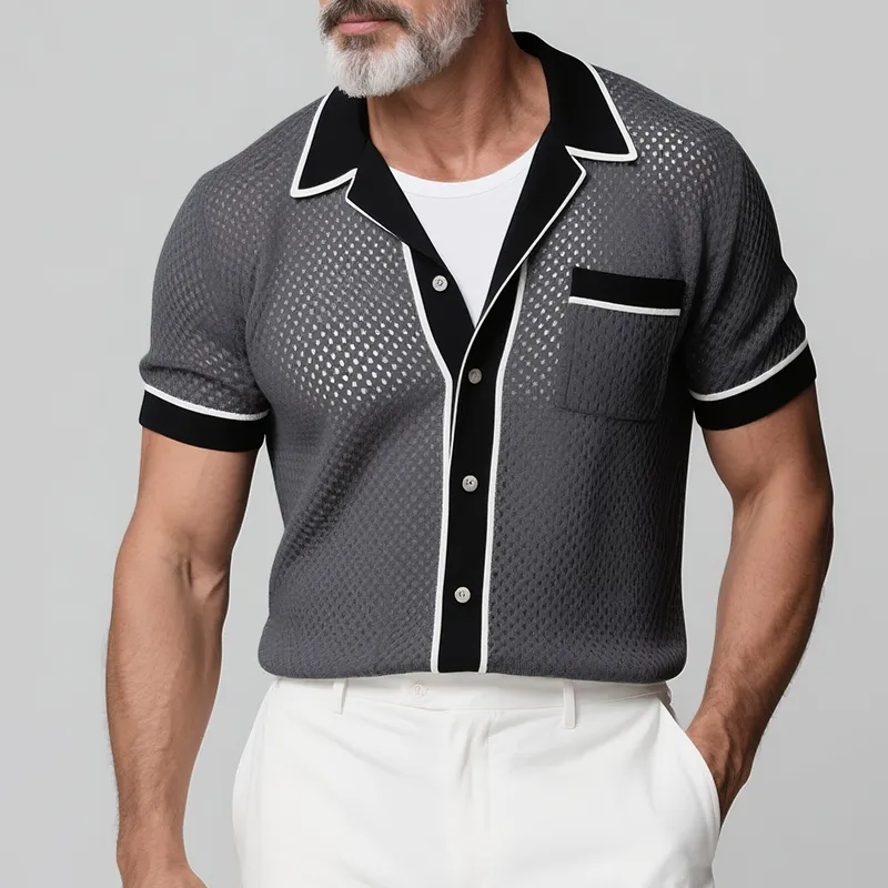 Men's Retro Casual Knitted Colorblock Lapel Short Sleeve Shirt MTA2743F2TO sold by Manly product image thumbnail 2