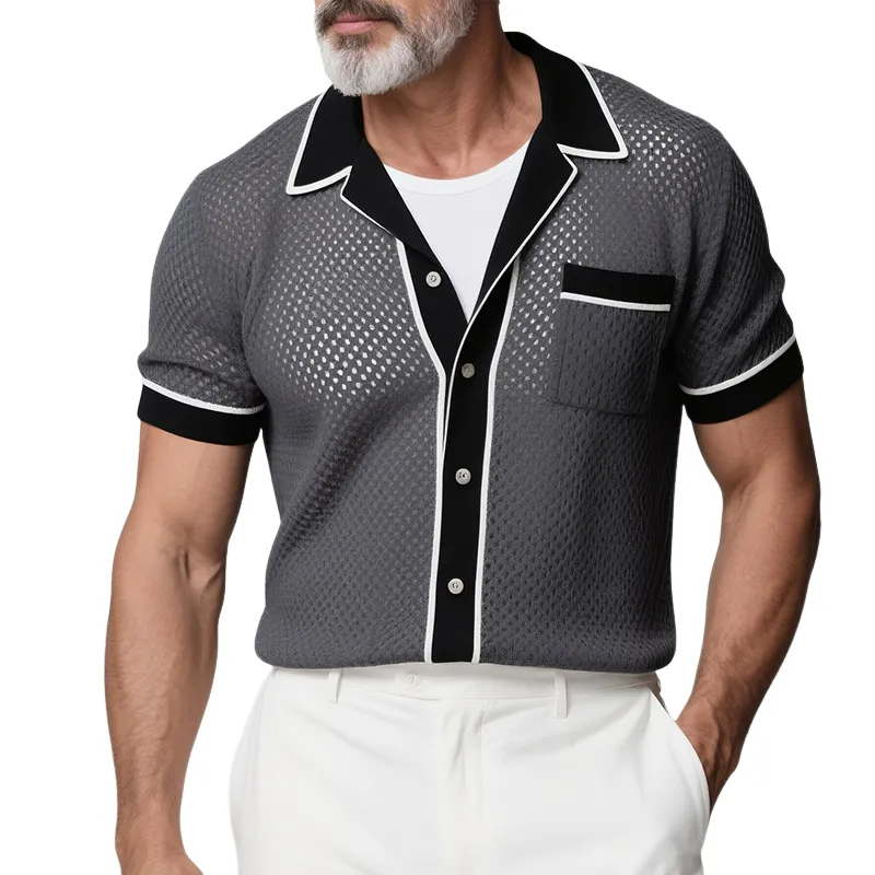 Men's Retro Casual Knitted Colorblock Lapel Short Sleeve Shirt MTA2743F2TO sold by Manly
