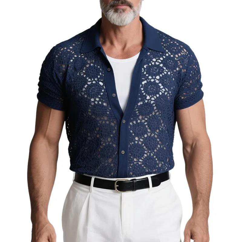 Men's Retro Casual Knitted Hollow Lapel Short Sleeve Shirt MTA2753F7TO sold by Manly